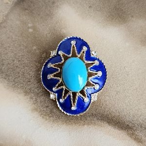 Vintage Cobalt Blue Enamel Faux Turquoise Rhinestone Brooch Pin